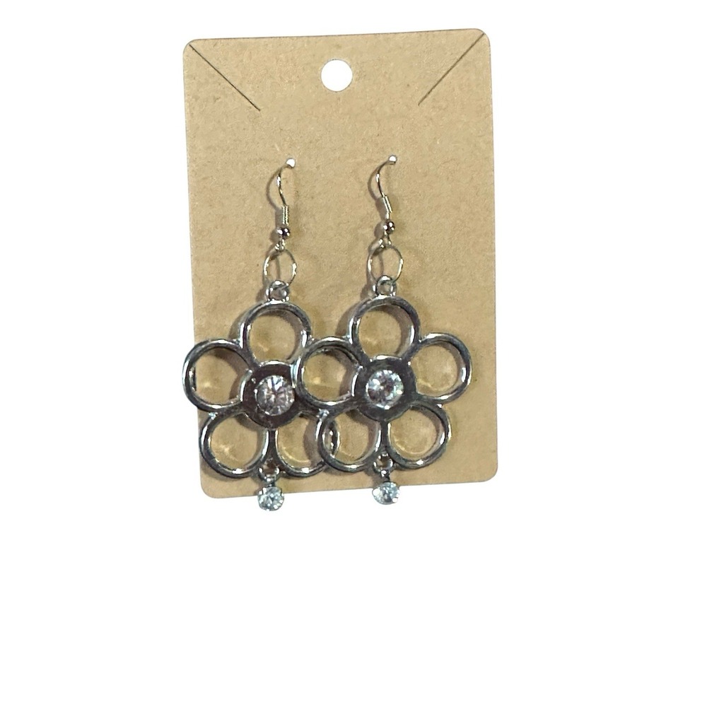 Silver Tone Flower Drop Earrings Rhinestone Center Openwork Petal Dangle Jewelry